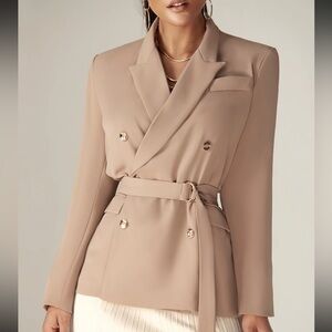 Aliava‎ Gloriette Belted Double-Breasted Crepe Blazer — Size M